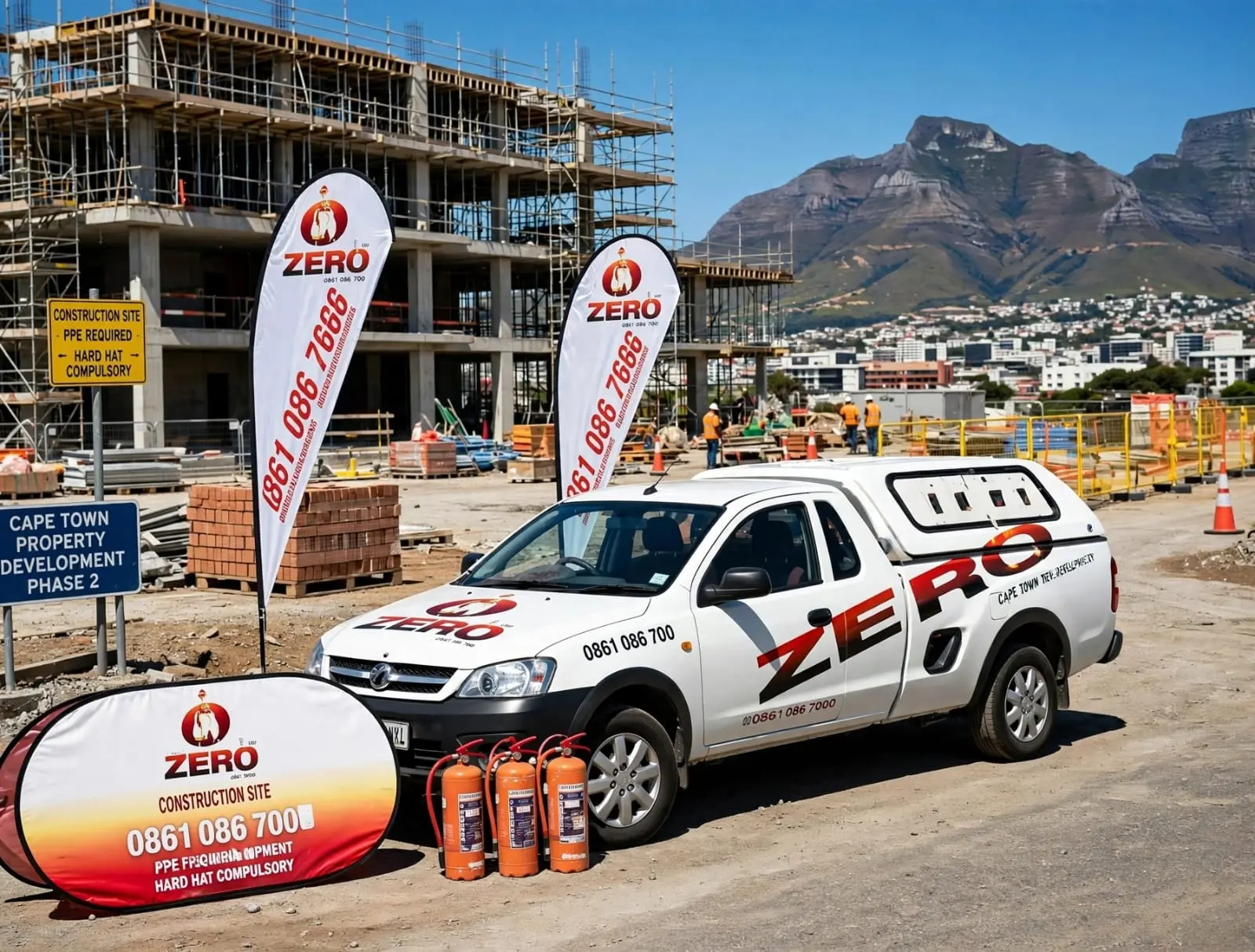 Zero Fire branded vehicle on a Cape Town construction site with fire extinguishers