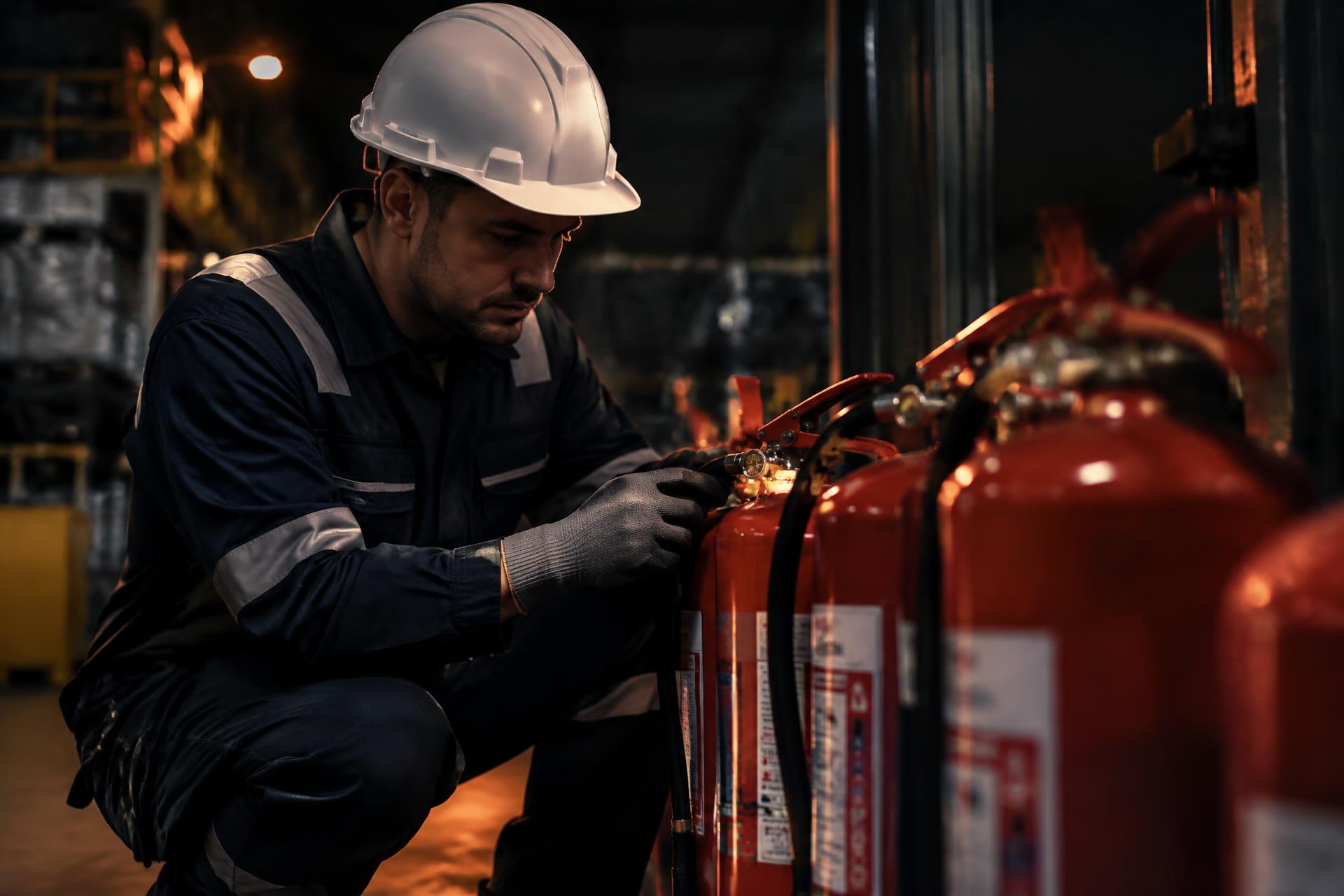 Fire equipment technician servicing commercial fire extinguishers
