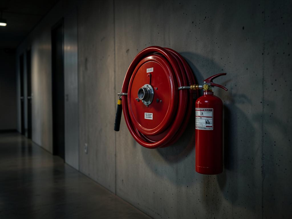 Fire hose reel and fire extinguisher mounted in a commercial building