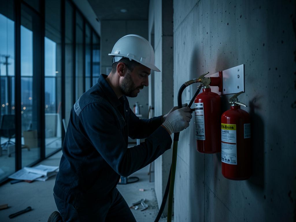 Technician installing fire extinguishers in a commercial building